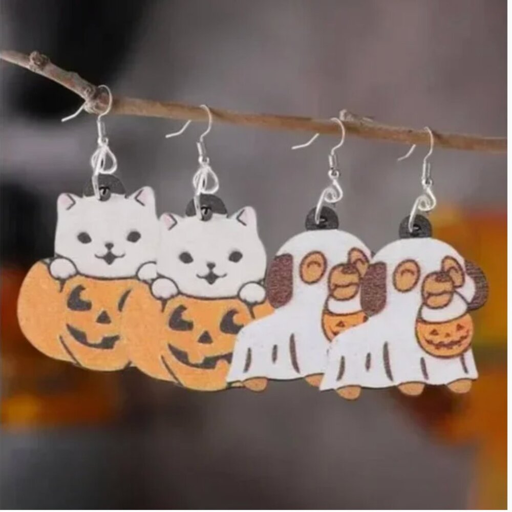 ❤️⭐️ FREE Halloween Party Ghost Pumpkin Kitten Dog Cat Animal Drop Earrings Set